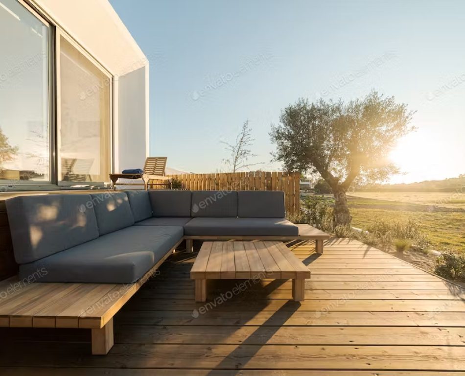 A wooden deck outside of a home with wooden chairs surrounded by grass and a tree.